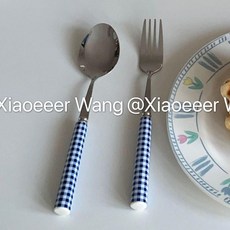 陶瓷西餐刀叉勺 輕奢陶瓷-棋盤格黑白兩件套, 1個, 輕奢陶瓷-藍白格,單支裝 默認發主餐勺