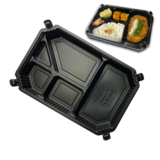 盒作社 自扣五格餐盒(一件50組)瑞力扣/黑色塑膠餐盒/可微波餐盒/外帶餐盒/一次性餐盒, 1個, 自扣五格餐盒(底+蓋)50入