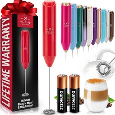 Zulay Kitchen 듀라셀 AA 배터리 2개가 있는 휴대용 우유 거품기 - 커피 라떼 카푸치노 말차 및 핫초콜릿용 전기 음료 믹서 - 휴대용 폼 메이커 및 커피 바, Froth Mate 배터리 2개 포함, 레드