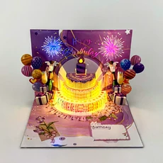 EC1983 멜로디 생일카드 음악 나오는 생일축하카드 3D 입체 팝업 생일 파티 이벤트 카드, 1개, 보라색 1개, 보라색