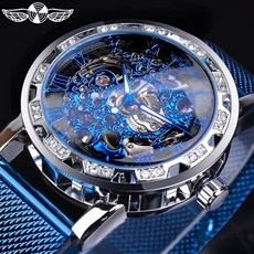 남자 스켈레톤 오토매틱 기계식 수동 시계 2060 손목, 1, M. 실버 블랙 다이얼 블루 문자 블루 메쉬