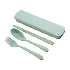 北歐風小麥餐具套裝，環保便攜餐具組，含筷子湯匙叉子, 北歐風餐具 綠, 1套, 筷子+叉子+湯匙