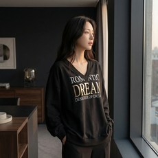 상상그이상 여성용 국내제작 드림 브이넥 맨투맨 호일 금박 레터링 포인트 늘어짐없는 루즈핏 코디하기 쉬운 데일리 티셔츠 가성비 좋은 롱맨투맨