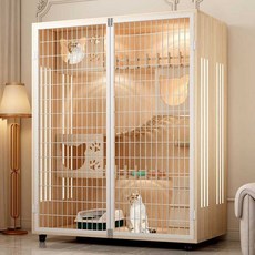 貓別墅家用貓櫃子，防水實木大空間貓籠，室內貓咪別墅，貓窩貓舍, 自行安裝+白色網門,加厚16MM淺胡桃60*60*150cm, 1個