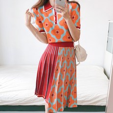 요시아나 [당일발송] 러블리 플라워 패턴 니트 투피스