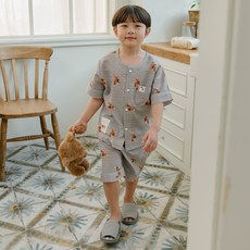 원더풀라이프 국산 남아 주니어 리얼베어 브라운 반팔 상하 잠옷 홈웨어 세트