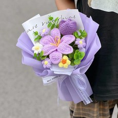 DZTYZH 針織毛線花束 手工玫瑰編織禮物, 1紫胖胖 + 1紫鬱金香毛線花束成品 裸花 無禮袋，無賀卡