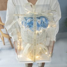 畢業禮物 花束禮物 小香風永生香皂玫瑰花束女生生日禮物送女朋友閨蜜浪漫聖誕節節520禮物, 19朵【禮盒裝*碎冰藍】送燈+賀卡, 1個