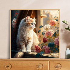 실십자수 창가에 앉은 귀족 고양이 동물 도안 세트 패키지 풀구성 diy, 1개, 50x50cm 실크 3가닥자수