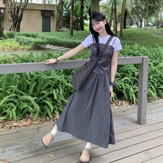 Yellwel 여성복 여름 달콤한 투피스 컬러 대비 반팔 미디스커트 투피스 세트 DJP