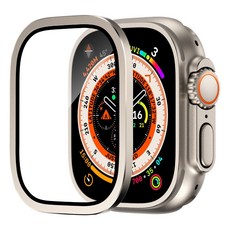 鈦合金隱形護框 藍寶石玻璃貼 9H硬度 適用Apple Watch Ultra/Ultra2 49mm 蘋果手錶保護貼, 1個, 鈦金邊框+9H硬度玻璃保護貼-鈦金色,Ultra/Ultra2  49mm