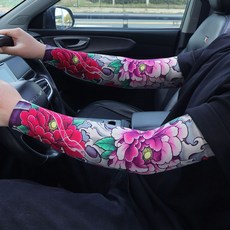 夏季冰絲防曬手臂護套 紋身花臂戶外騎行遮陽開車大碼手臂套, 1個, 41號牡丹彩色,均碼（80-140斤）