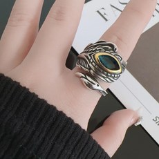 海怪造型綠寶石戒指，復古銀色開口可調節，個性時尚飾品