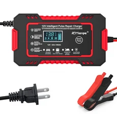 자동차 배터리 충전기 펄스 수리 LCD 디스플레이 스마트 고속 AGM 딥 사이클 젤 납산 오토바이용 12V 6A, Red EU Plug, 1개