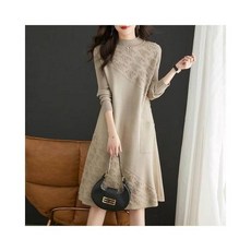 秋冬新款羊毛針織連衣裙中長款寬鬆休閒中年媽媽裝優雅風修身打底連身裙, 駝色