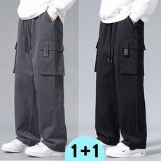 BIKASU 1+1 남자 빅사이즈 밴딩 카고 바지 오버핏 카고팬츠 스판 조거 팬츠