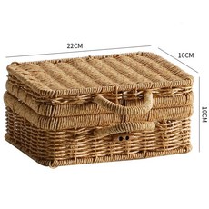 내츄럴 뚜껑 수납 대형 라탄 바구니 손잡이 플라스틱 사각, 1개