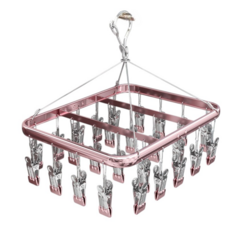 不鏽鋼多夾晾衣架，360度旋轉防風襪子內衣晾曬神器, 1個, 玫瑰金-26夾