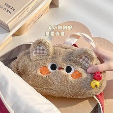 부드러운 뽀글 파우치 인형 귀 필통, 1개, 브라운곰돌이