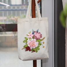 刺繡手工DIY材料包 指間魯繡帆布包 緞帶繡DIY材質包 單肩手提立體繡花包, 小帆布包（米色）小清新8（材質包）, 1個