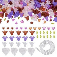 Magibeads 445피스 아크릴 꽃 비즈 캡 키트 유리 비즈 포함 단풍나무 잎 비즈 DIY 주얼리 제작 목걸이 팔찌 귀걸이 키키안 DIY 공예 액세서리 세트 생일 장식, 브라운 퍼플-총 445피스-10가지 스타일