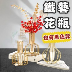 璟采職人 金屬鐵藝花瓶 玻璃試管花器 工業風多肉植物盆器 室內裝飾永生花乾燥花瓶, 金色葫蘆款,【1個】