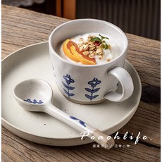 peachlife 復古手繪小花陶瓷杯 馬克杯 居家水杯 咖啡杯 附湯匙, 1個, 杯子1入+湯匙1入