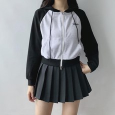 [하이틴] 데이지클로젯 런던 자수 레터링 배색 투웨이 후드집업 / 봄 가을 카라 긴팔 크롭후드 y2k 간절기 아우터 여성 여자 숏자켓