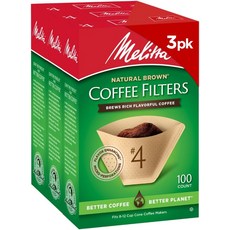 멜리타 #4 콘 커피 필터 내추럴 브라운 100 카운트 - 모든 8-12 컵 메이커 및 퍼오버에 적합하며 퇴비화 찢어짐 방지 기능이 있습니다, 3-Pack