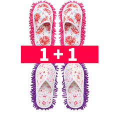 레모어 극세사 발걸레 슬리퍼 청소용 실내화 무소음 거실 탈부착 바닥 걸레 슬리퍼, 퍼플+핑크, 1세트