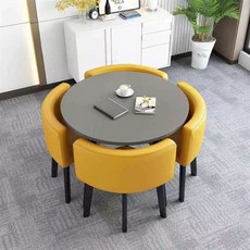 원탁 테이블 4인용 카페 A 사무실 휴게소 상담 탁자 의자 세트, AU. 회색 원형 테이블 노란색 가죽 의자 9090높이