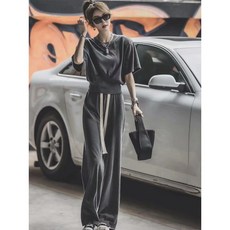 ！韓系小姐姐必收！夏季神級運動休閒套裝｜短袖上衣 + 高腰顯瘦闊腿褲｜兩件式｜夏天套裝 a0103