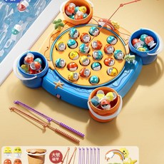 電動磁性釣魚臺 兒童益智音樂互動 360°旋轉釣魚玩具, 藍31磁性魚4桶8竿4立體場景, 1套