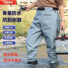 涉水超輕連體褲 帶雨鞋加厚齊腰半身捕魚褲 釣魚水鞋褲 防水下水褲 路亞釣服 齊腰防水半身連體雨褲 趕海溪流褲, 3D灰齊腰犀牛短靴,鞋碼40碼