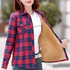 여성 기모셔츠 융털 체크 남방 겨울 방한 보온 셔츠 자켓, 오렌지 2XL(55반)