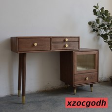 化妝桌 梳妝台 實木北歐胡桃木色梳妝桌椅鏡子組合臥室化妝台帶燈現代簡約化妝桌, 黑胡桃色80三抽 玻璃櫃