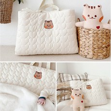 ins風新生嬰兒外出午睡墊 透氣絎縫刺繡純棉 折疊便攜床褥子 幼兒園 可水洗 附收納包, 1個, 愛心小熊,120*70釐米