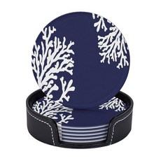 6피스 코랄 네이비 블루 해안 해안 바다 테마 해양 가죽 컵받침 홀더 포함 컵받침 세트 음료 테이블 컵 컵받침 거실 주방 커피 장식용, Zws22