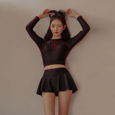 VERAF 女款縫線設計素色防曬長袖泳衣+褲裙+背心套裝 482C