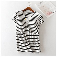 BABYSHARE時尚孕婦裝 莫代爾條紋附胸墊短袖哺乳衣 親膚透氣 方便哺乳