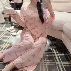 베이비핑크 리본 너무 편한 홈웨어 파자마세트 여성용 파자마 상하의 세트