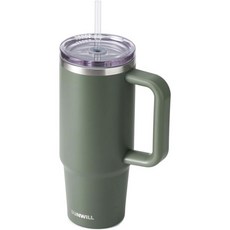 선윌(SUNWILL) 손잡이형 보온 커피 텀블러 30oz 스테인리스 스틸 여행용 머그컵 (빨대 포함 흘림 방지 뚜껑 컵홀더 호환 블랙 파우더 코팅), Powder Coated Camp Green, 30 Ounces