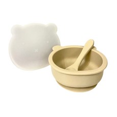 兒童矽膠吸盤碗與湯匙餐具3件組 (副食品適用), 象牙米, 矽膠吸盤碗、矽膠密封碗蓋、矽膠湯匙