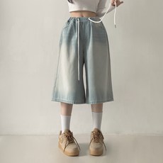 제이앤썸 데님 와이드 7부 버뮤다 팬츠 허리 올밴딩 청반바지 프리사이즈 와이드핏 숏츠 밴딩 반바지