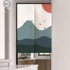 墟里居附伸縮桿布藝門簾隔斷簾，家用廚房擋油煙衛生間遮醜臥室遮擋簾，創意日式圖案房間半簾短簾布簾，免打孔安裝棉麻門簾, 款式八,寬60高120 整片式