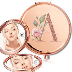 돋보기 메이크업 라운드 거울 양면 금속 화장품 휴대용 모양 유리 소형 휴대용 거울 로즈 골드 문자 패턴, A