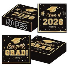 졸업 냅킨 장식 50개 - 그린 클래스 2026년 축하 3겹 종이 칵테일 디너 냅킨 세트 2026년 졸업 파티 용품 테이블 장식 선물 16.5 x 16.5cm(6.5 x 6, 블랙 골드