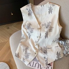 ORZQU 여름 여성 캐주얼 나시 톱 기질 플라워 프린트 브이넥 싱글 나시 캐주얼 베이직 데일리룩