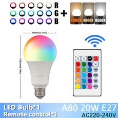전구 1-10PCS 슈퍼 밝은 20W RGB LED 램프 24 키 원격 제어 Dimmable AC220V 침실 거실 홈 변경, [15] 1pcs, [01] AC220-240V, [00] RGB 6000K