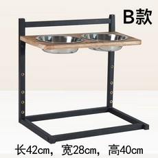 寵物實木防打翻碗架 狗狗餐桌 護頸雙碗食盆, 雙盆不銹鋼碗 L型, 1個